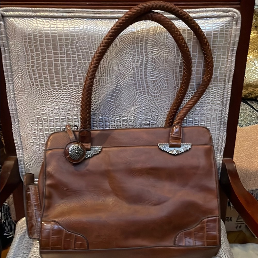 BUENO Brown Leather Top-Handle Satchel with Braided Straps